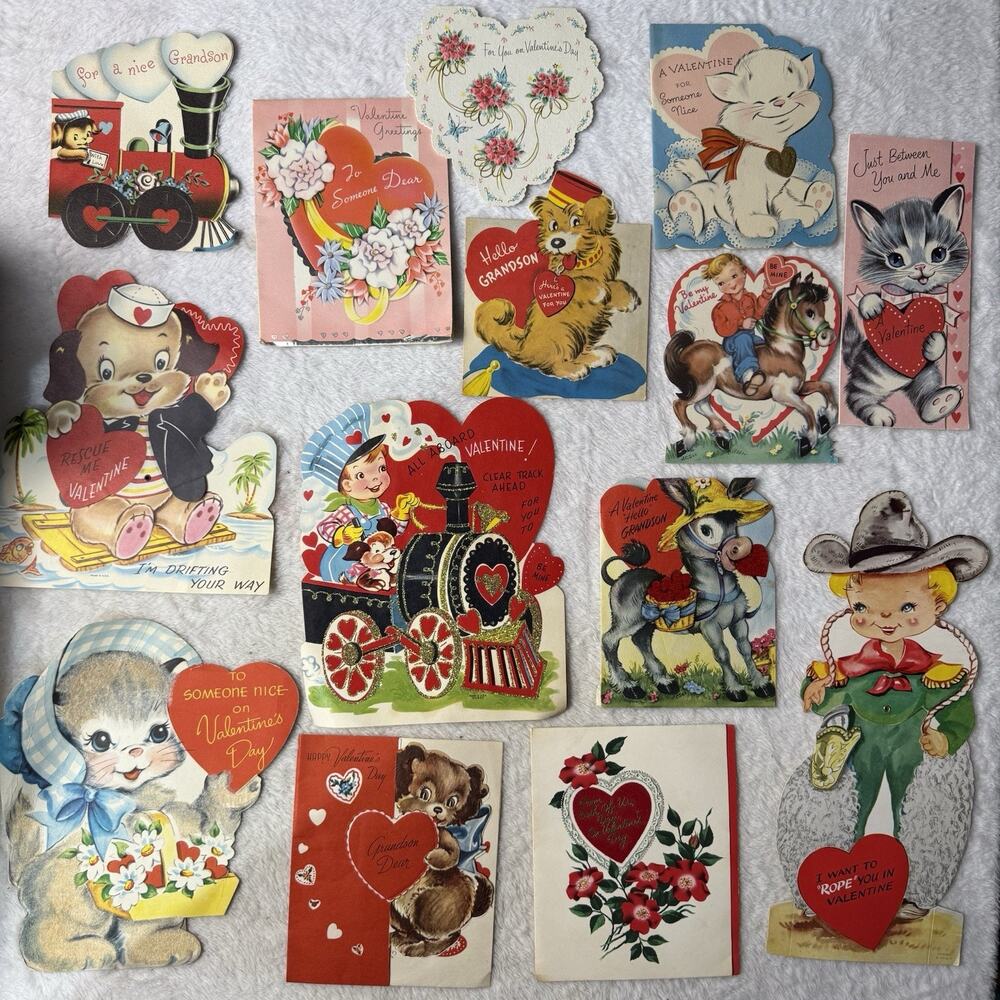 Vtg 50s Die-Cut Valentine Day Cards Lot 14 Used Mechanical Litho MCM Kitschy